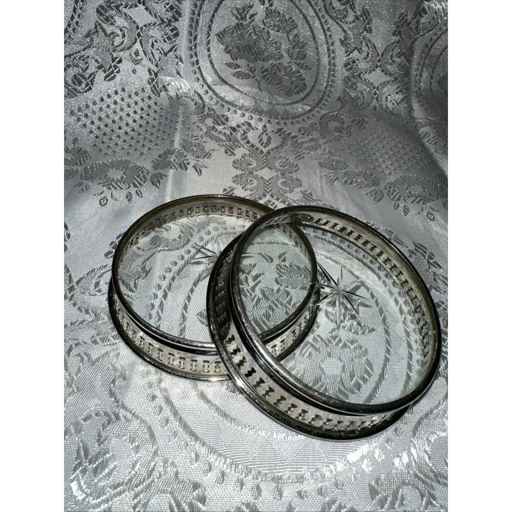 VINTAGE COASTERS WITH PIERCED METAL GALLERY & STAR-CUT GLASS BOTTOM SET OF 2